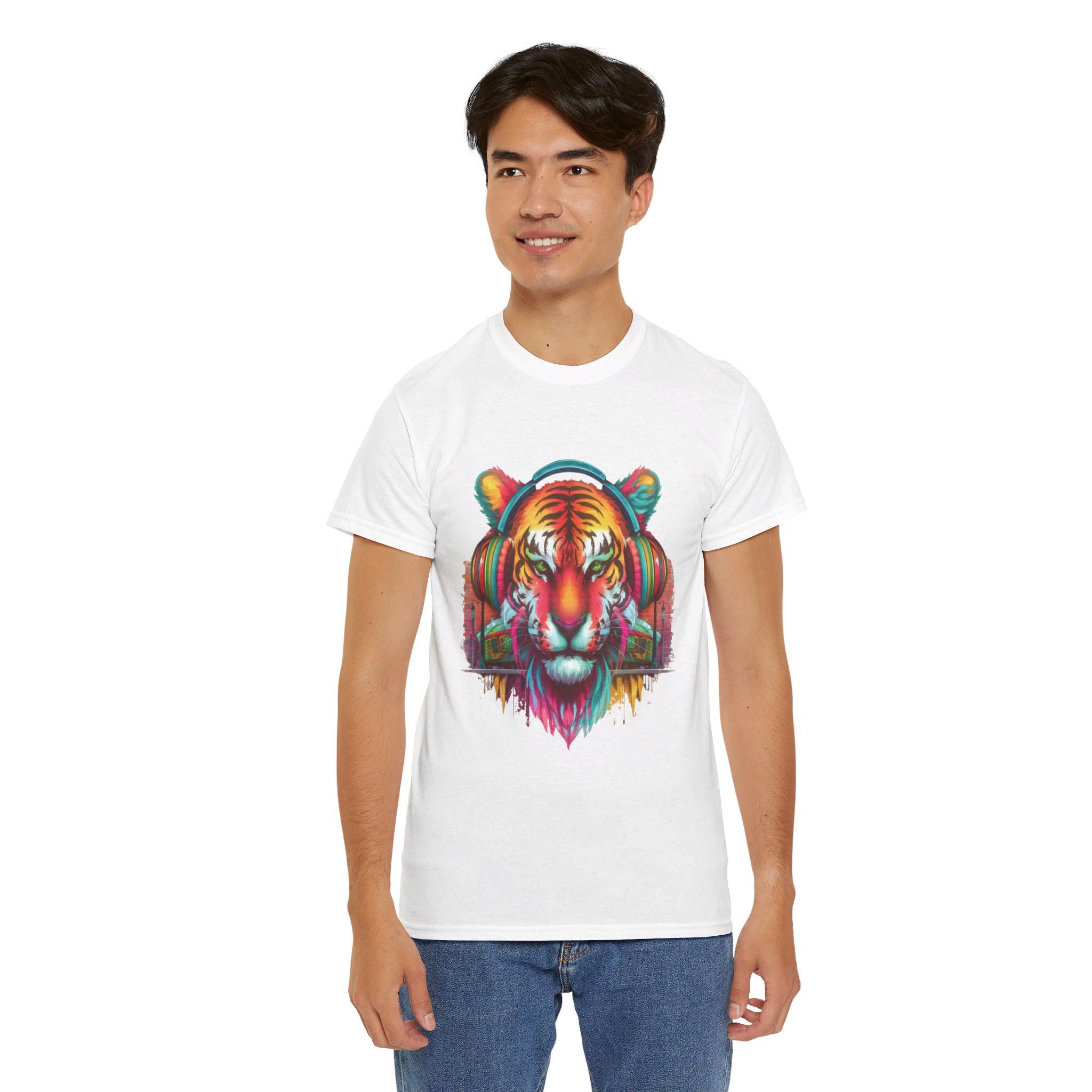 Tiger Headphones - Unisex Heavy Cotton Tee - Image 4