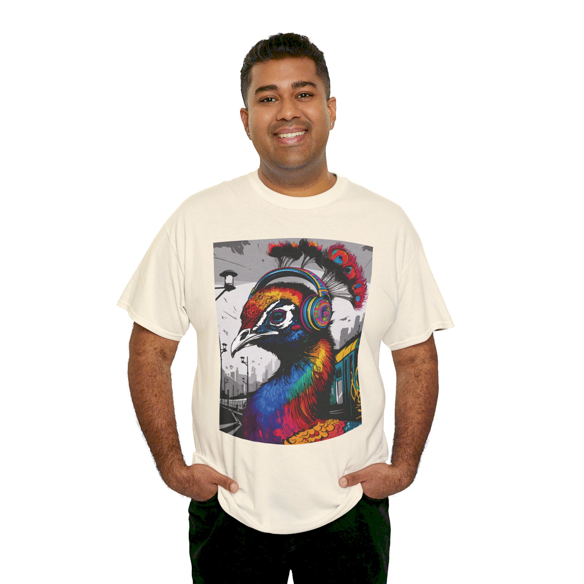 Peacock Headphones - Unisex Heavy Cotton Tee - Image 4