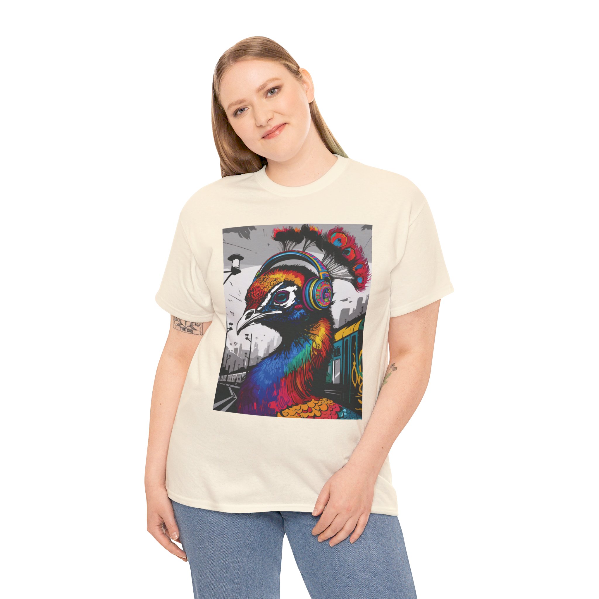 Peacock Headphones - Unisex Heavy Cotton Tee - Image 3